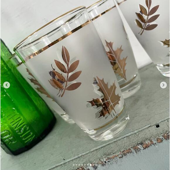 Vintage Drinking Glass Highball Frosted Gold MCM Barware Leaf Libbey Set 4 - Picture 8 of 10